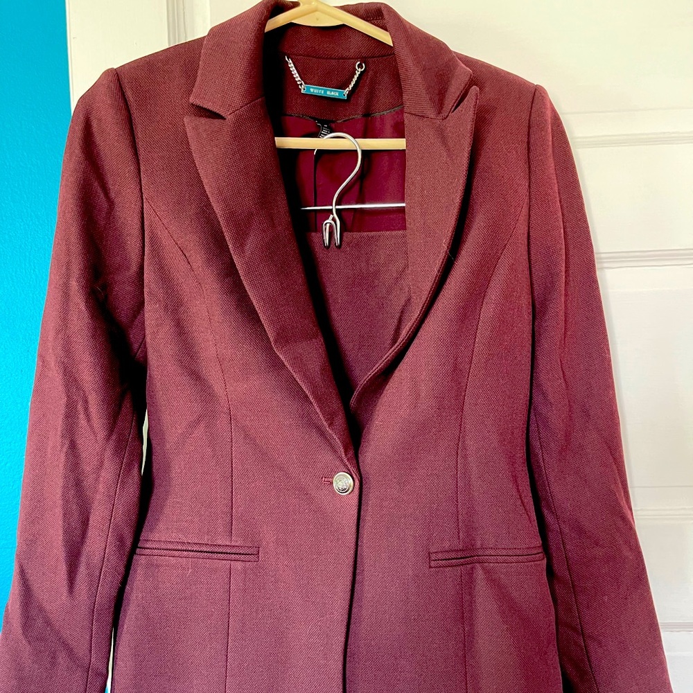 White House Black Market wine-colored suit jacket and matching skirt